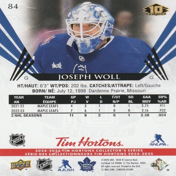 Joseph Woll - 2024/2025 Tim Hortons 10th Anniversary Series Card - Number 84 - Picture 2 of 2